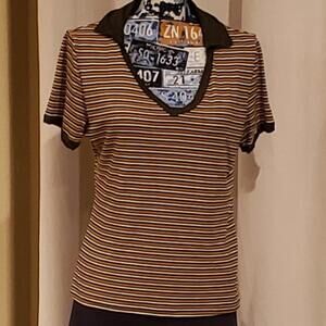 Vintage Women's 90s Yellow Black Gray Striped V-Neck Short Sleeve Shirt Polo